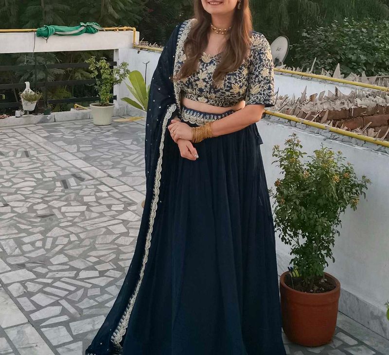 Navy Blue And Golden Wedding Lehanga