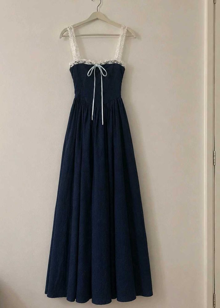 Navy Blue Lace Trimmed Maxi Dress