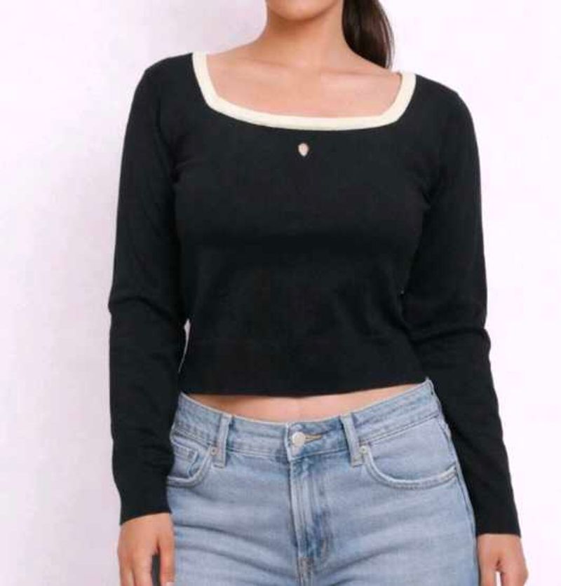 Chic Black Square Neck Long Sleeve Top