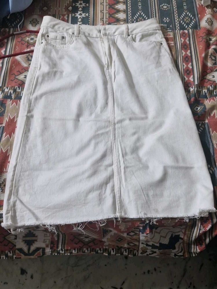 M&amp;S UK 14 White Denim Midi Skirt