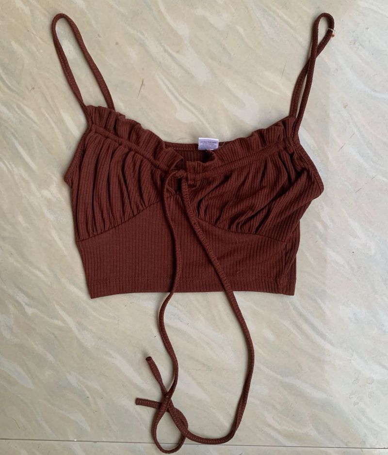 Cute Brown Ribbed Tie-Front Crop Top