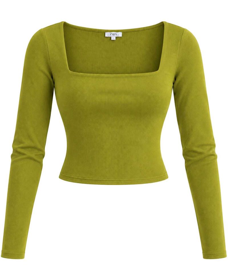 Green Square Neck Long Sleeve Top