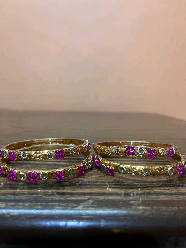Gold &amp; Pink Beaded Bangles - Set of 4