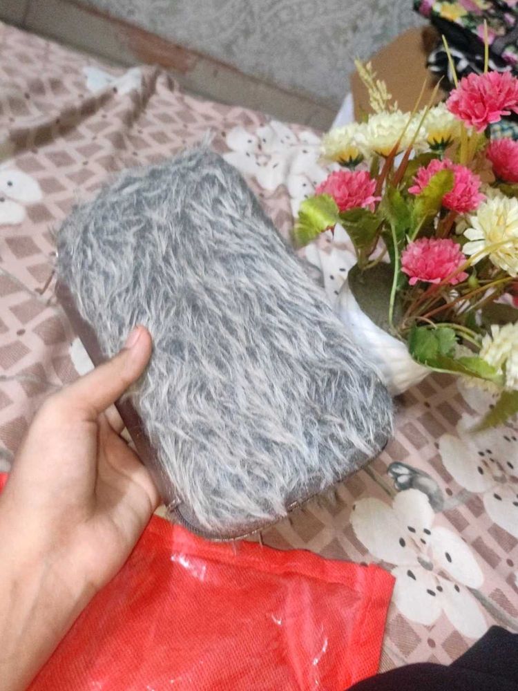 Gray Faux Fur Cosmetic Pouch