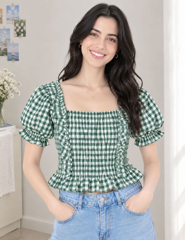 Chic Green Gingham Smocked Top