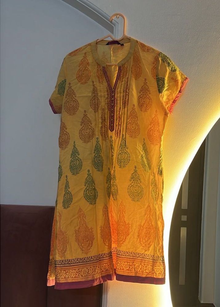 Yellow Printed Cotton Kurta