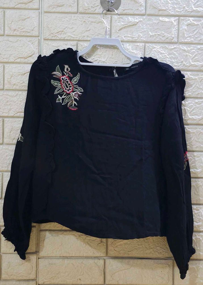 Embroidered Black Long Sleeve Top