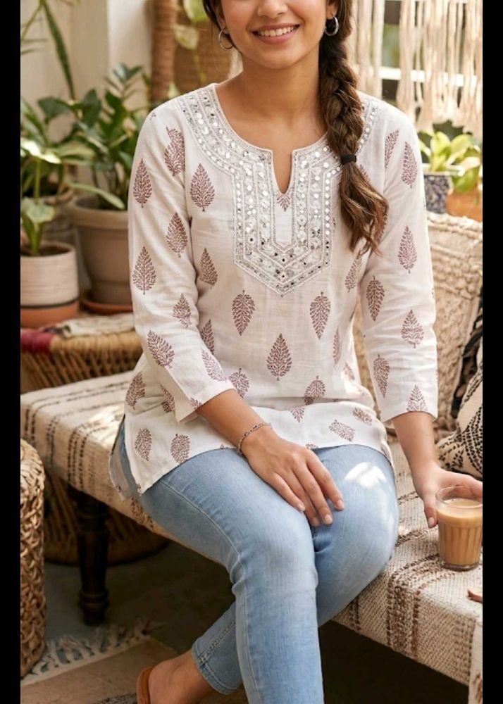 White Kurta with Brown Leaf Print