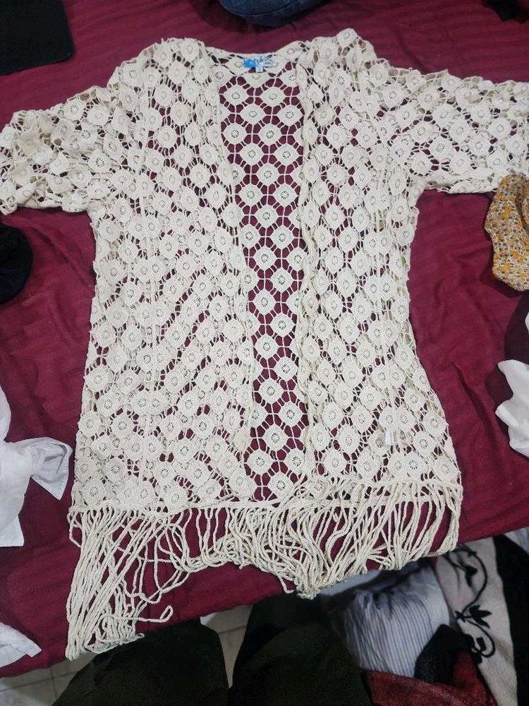 Boho Cream Crochet Fringe Kimono