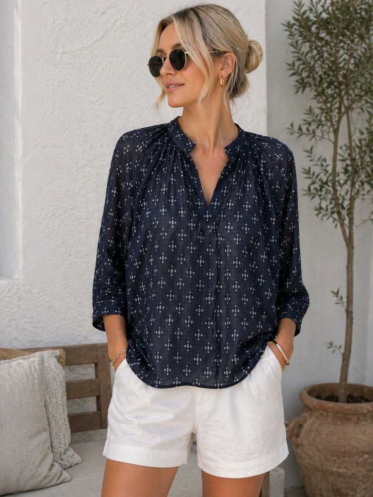 Navy Blue Printed V-Neck Top