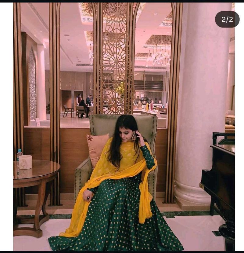 Green Polka Dot Kurta Set with Yellow Dupatta