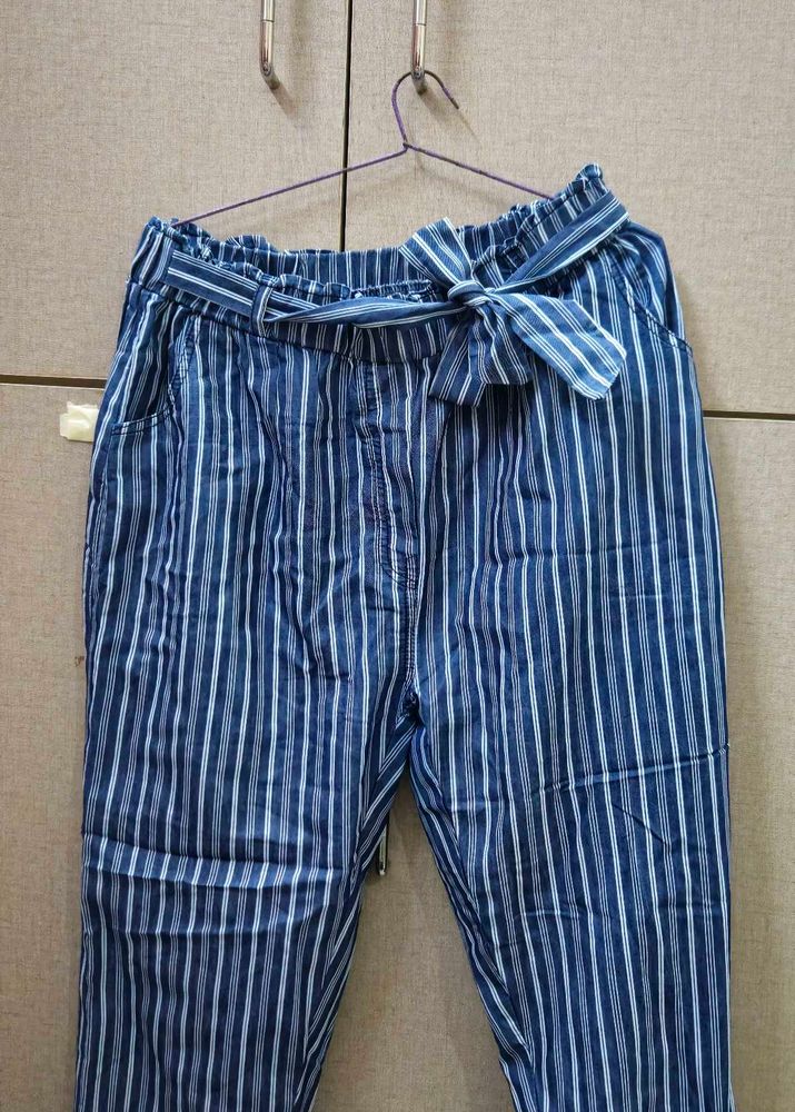 Blue Striped Tie-Waist Pants