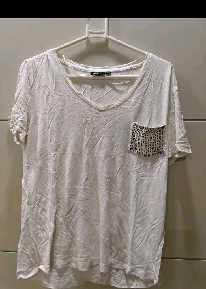 White T-Shirt with Embellished Pocket