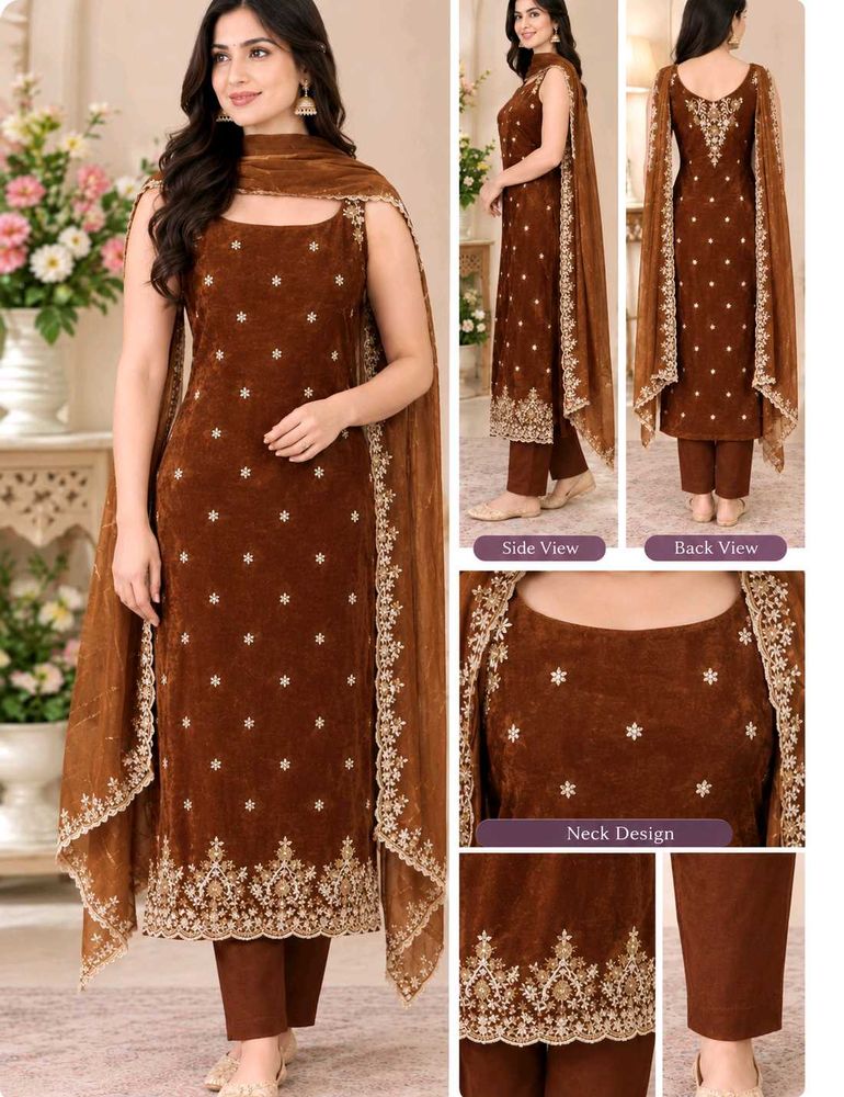 😱 Brown Velvet Embroidered Kurta Set💕