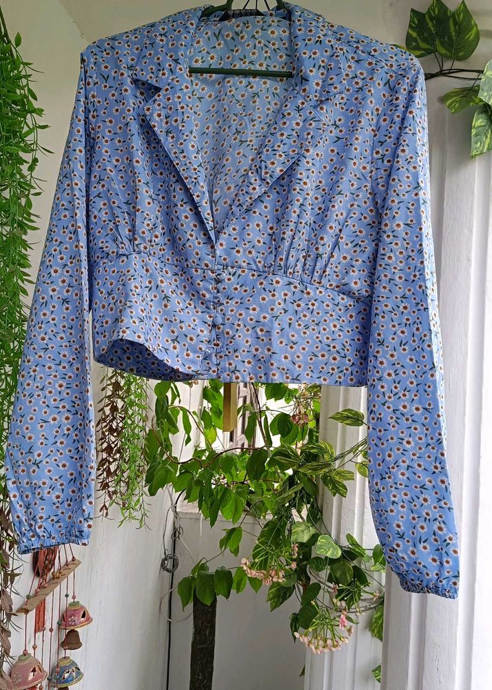 Blue Floral Cropped Shirt