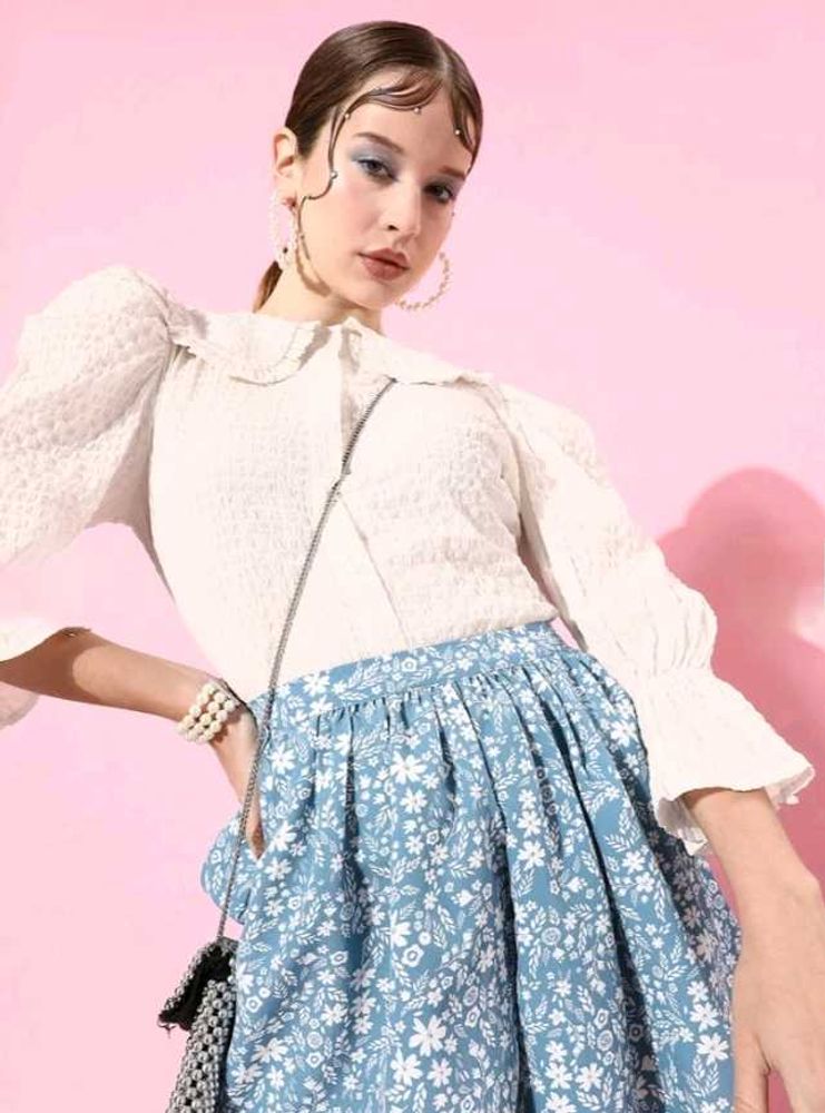 White Textured Puff Sleeve Top