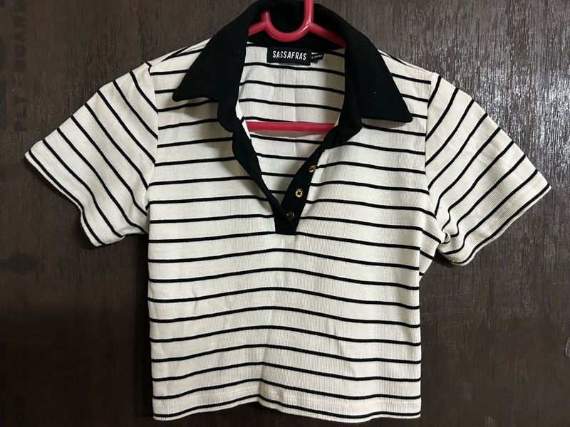 Striped Polo Neck Crop Top