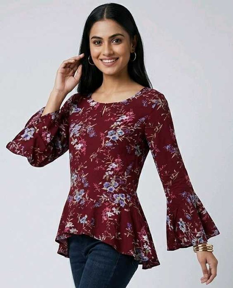 Chic Floral Print Bell Sleeve Top