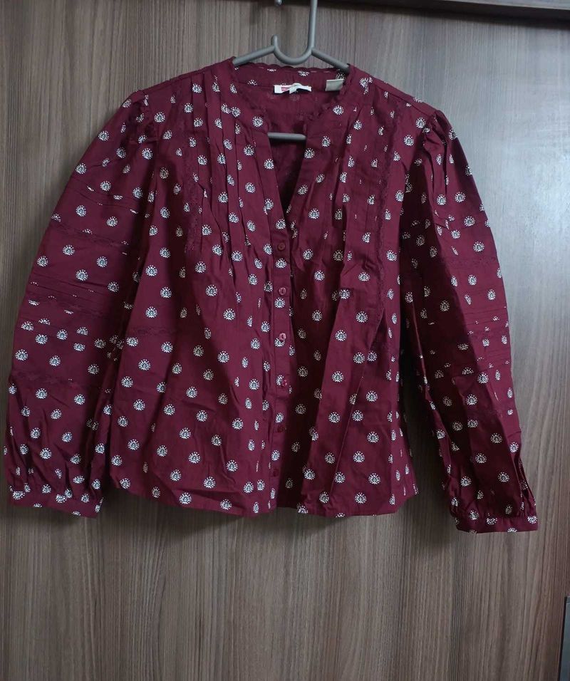 Maroon Printed Button-Up Blouse