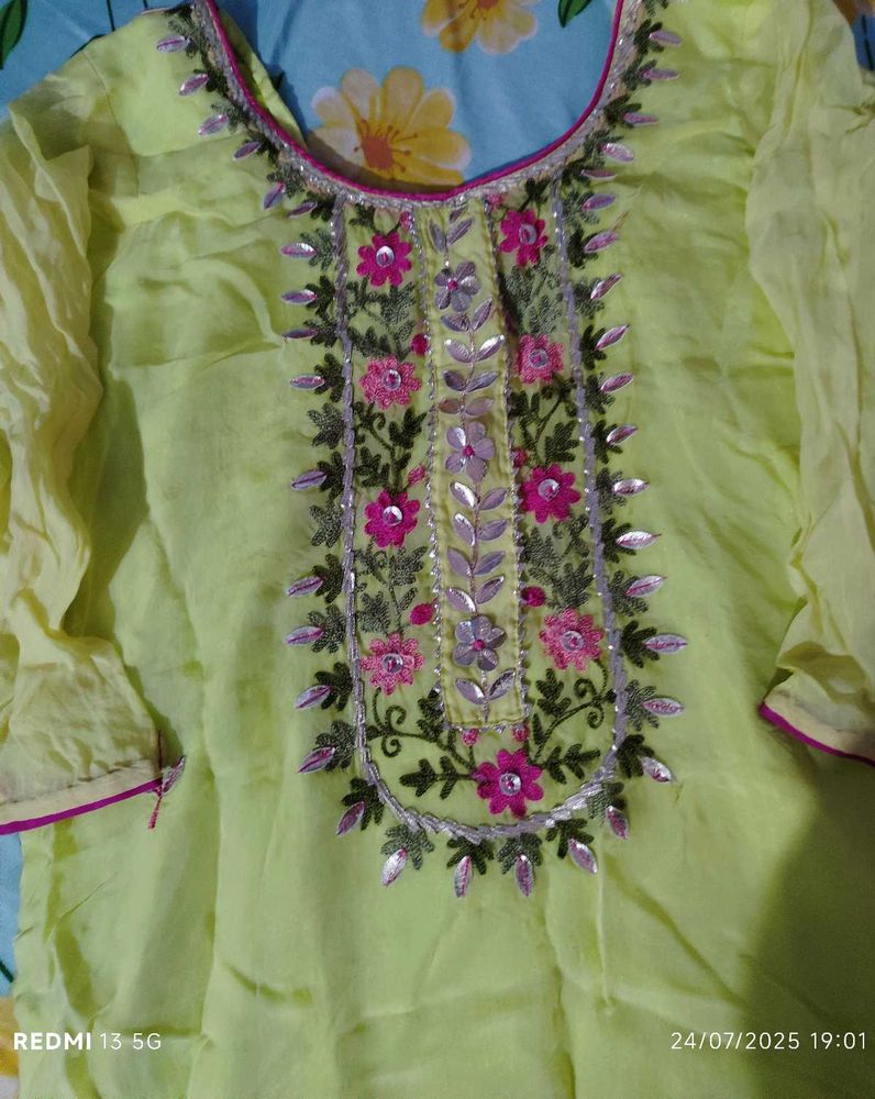 Lime Green Embroidered Kurti With Sharara