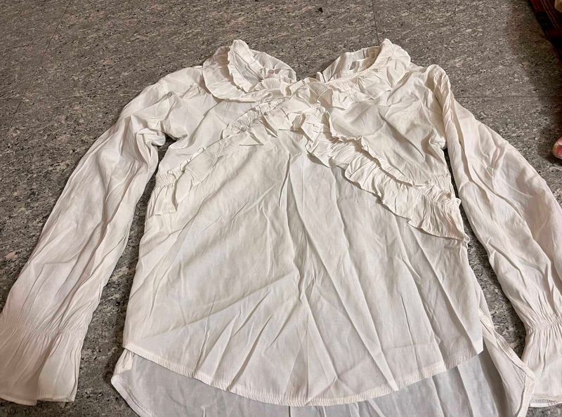 White Ruffled Long Sleeve Top