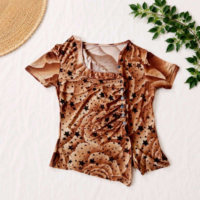 Brown Star Print Ruched Top