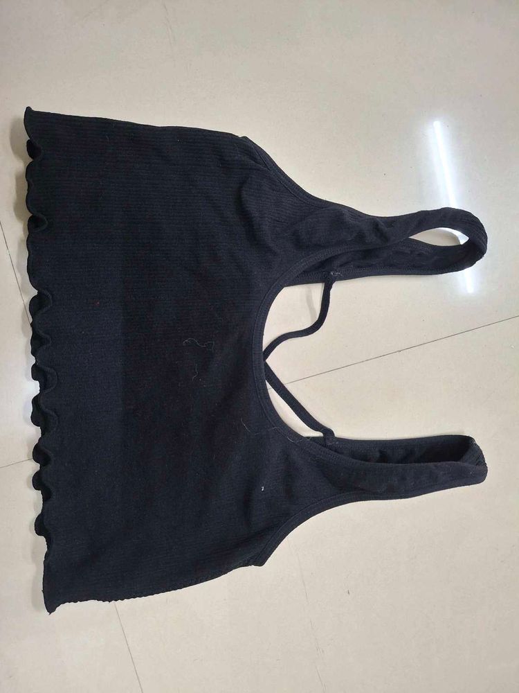 Black Ribbed Crop Top with Ruffle Hem