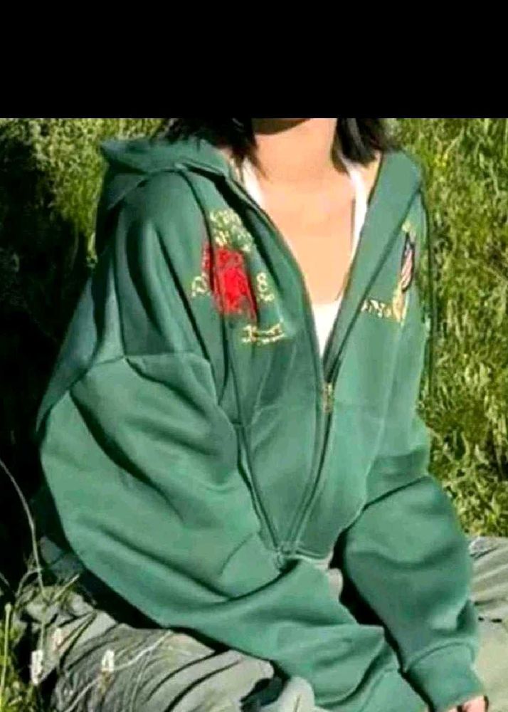 Green Zip-Up Hoodie with Embroidery