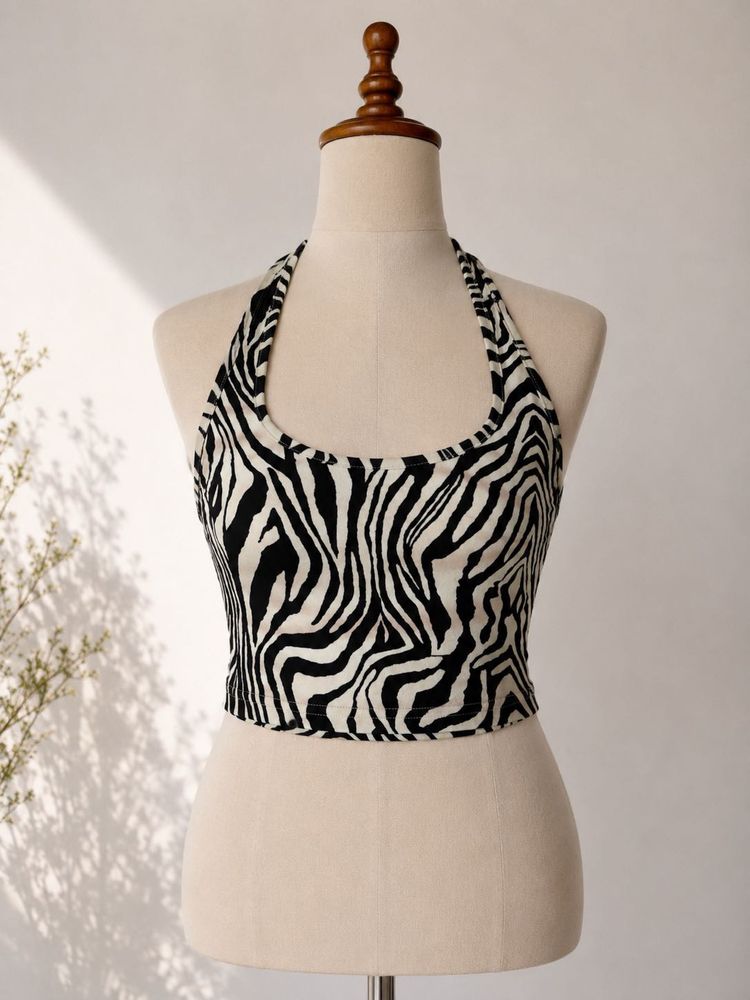 Zebra Print Halter Neck Crop Top