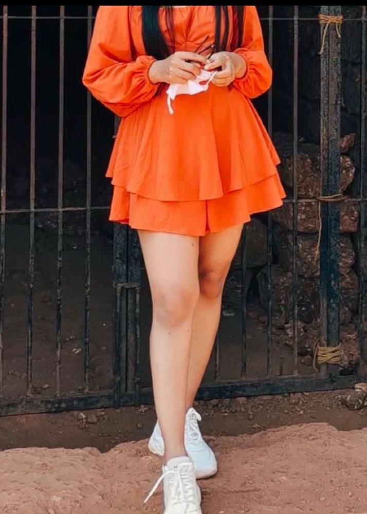 Chic Orange Ruffle Skort Dress