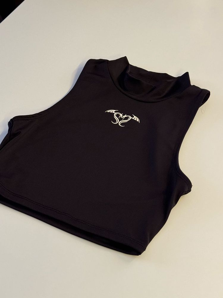 Black Mock Neck Crop Top with Dragon Graphic