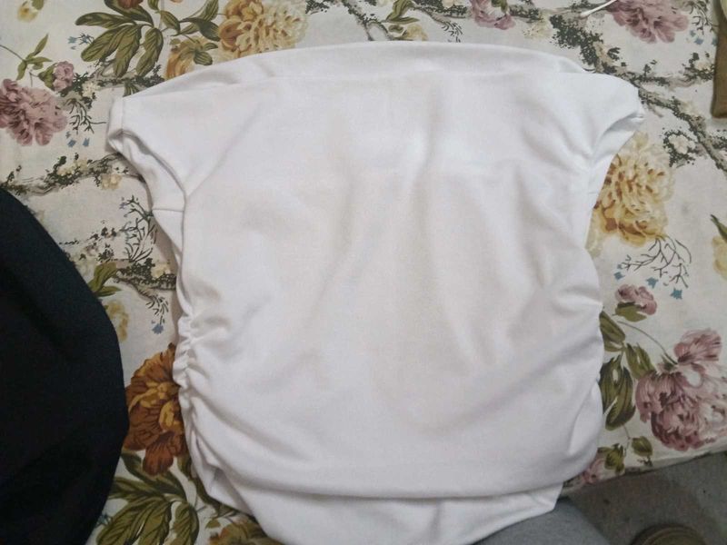 Classic White satin off shoulder Ruched Top
