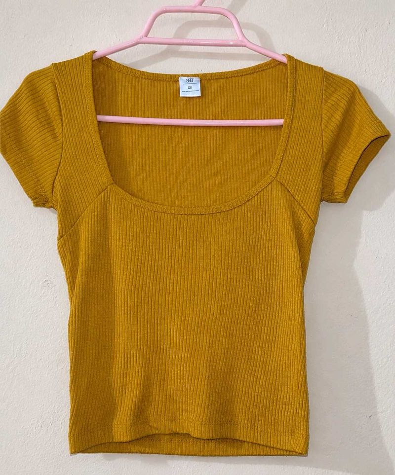 Ribbed Mustard Yellow Square Neck Top