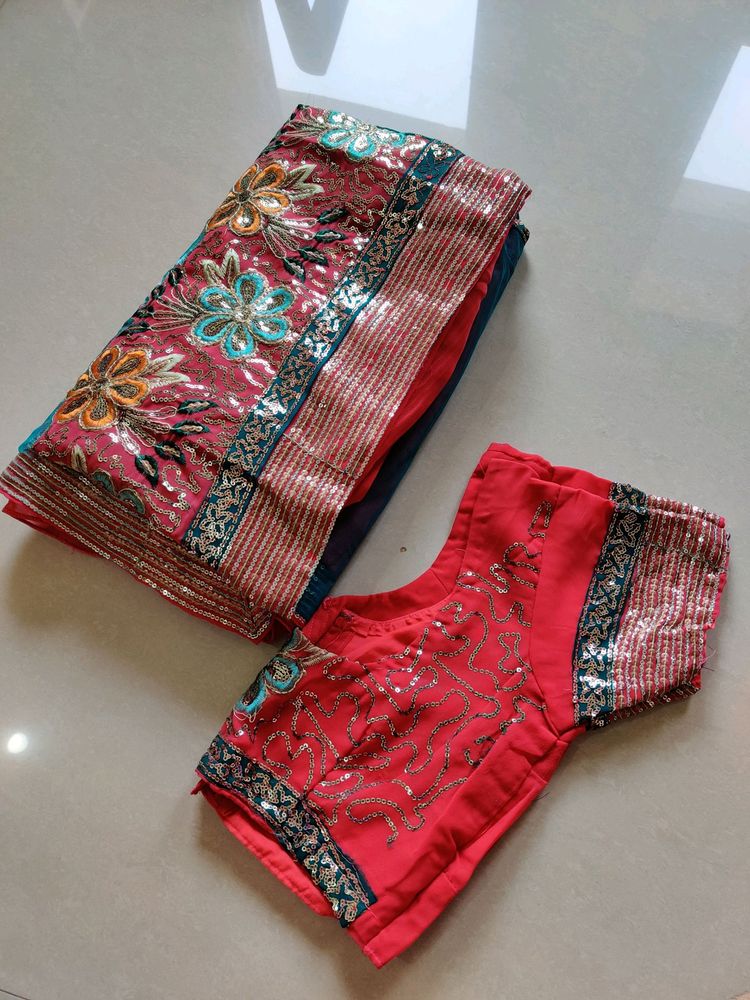 Heavy Designer Tomato Red &amp; Blue Saree With Blouse