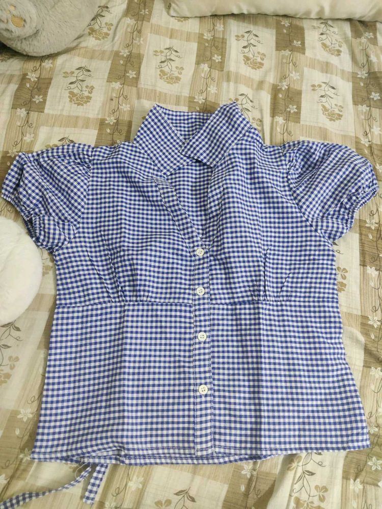 Blue Gingham Button-Up Puff Sleeve Top