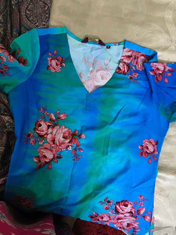 V-Neck Blue Floral Print Kurta
