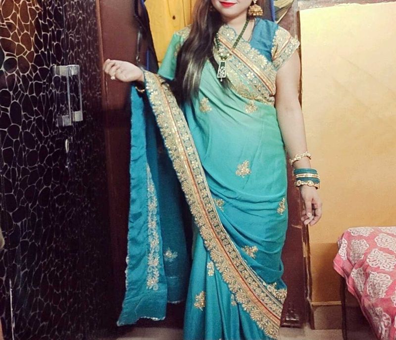 Teal Ombre Embroidered Saree