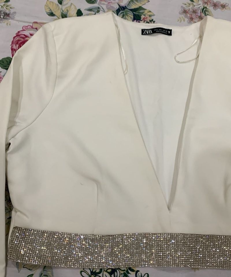 Off White Stone Studded Embellished Crop Top
