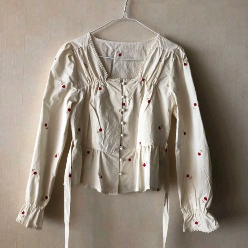 White Peplum Blouse with Red Floral Embroidery