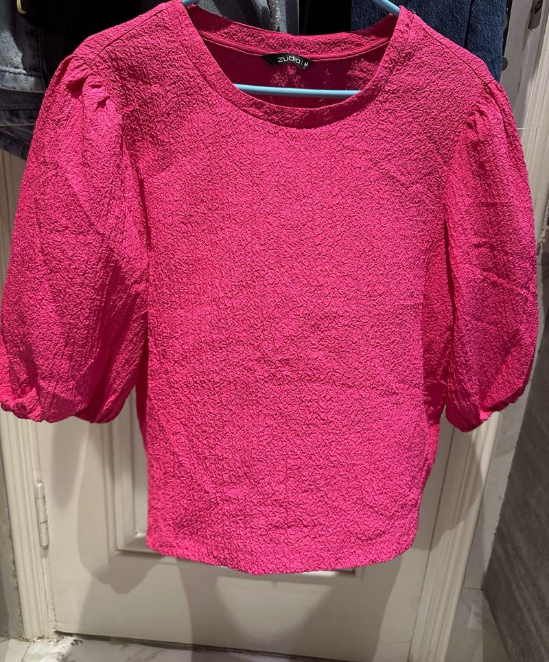 Vibrant Pink Textured Puff Sleeve Top