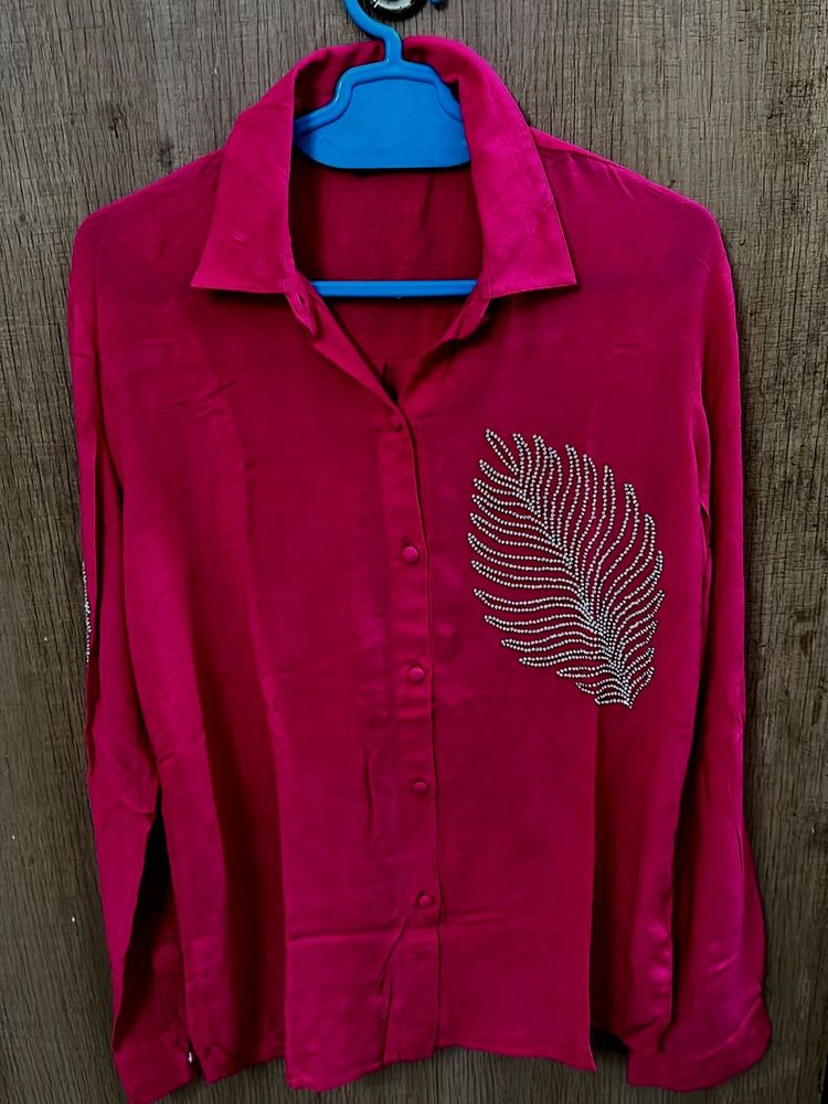 Vibrant Pink Embellished Button-Up Shirt