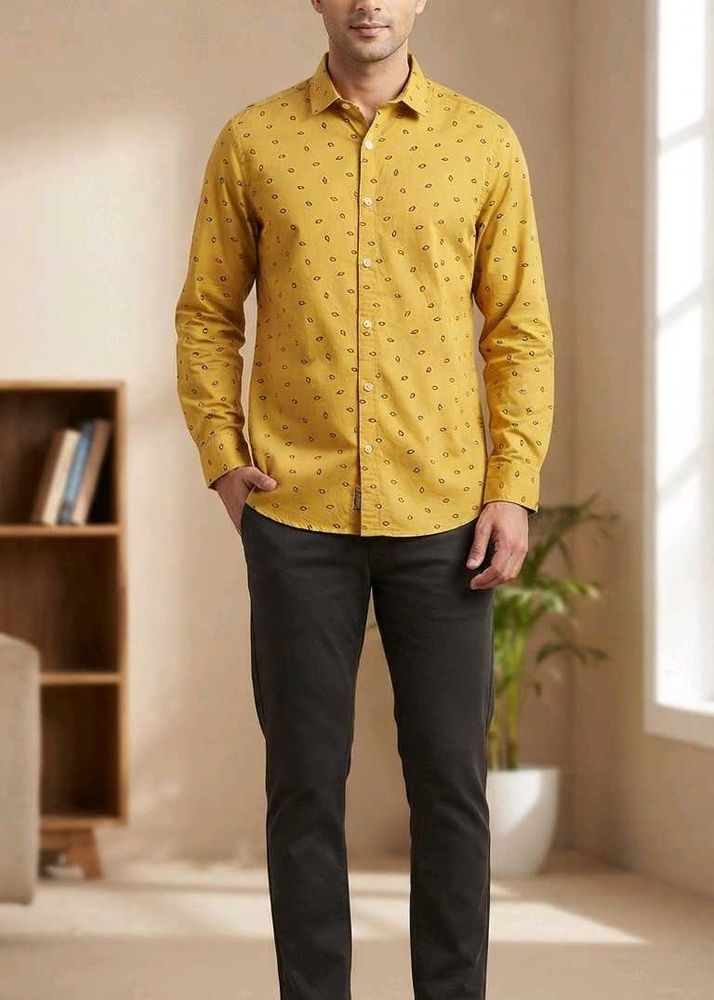 Men's Mustard Printed Full Sleeve Shirt