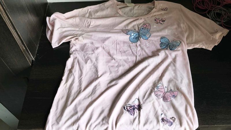 Pink Butterfly Graphic T-Shirt with sequins work