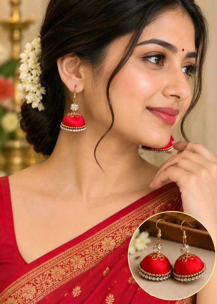 Red Silk Thread Jhumka Earrings