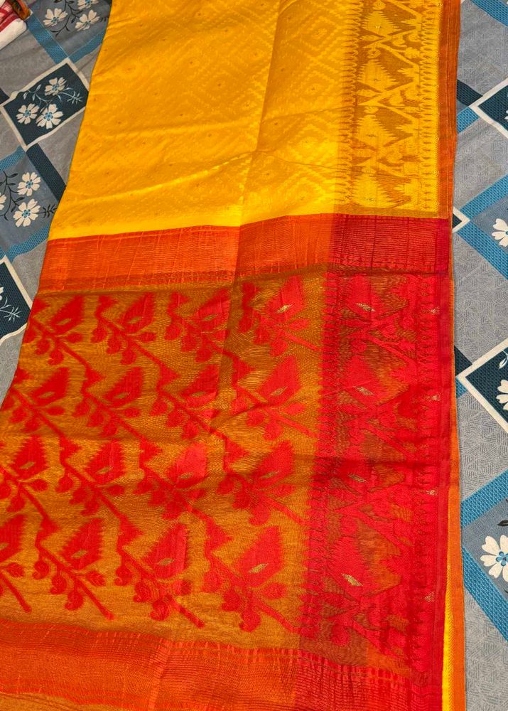 Vibrant Yellow &amp; Red Dhakai Jamdani Saree