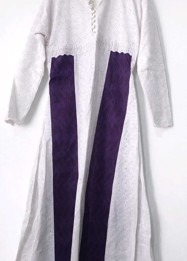 Elegant White Kurta with Purple Accents