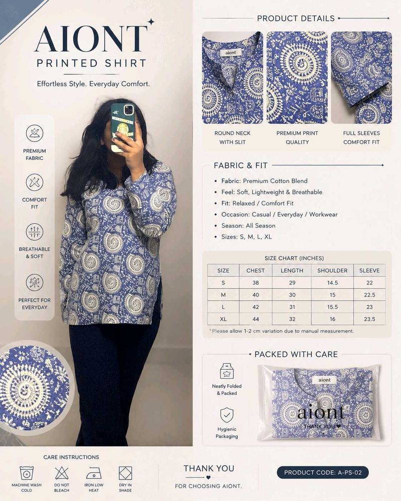 AIONT Printed Blue Cotton Kurta