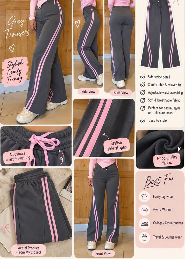 Stylish Grey Wide-Leg Trousers with Pink Stripe