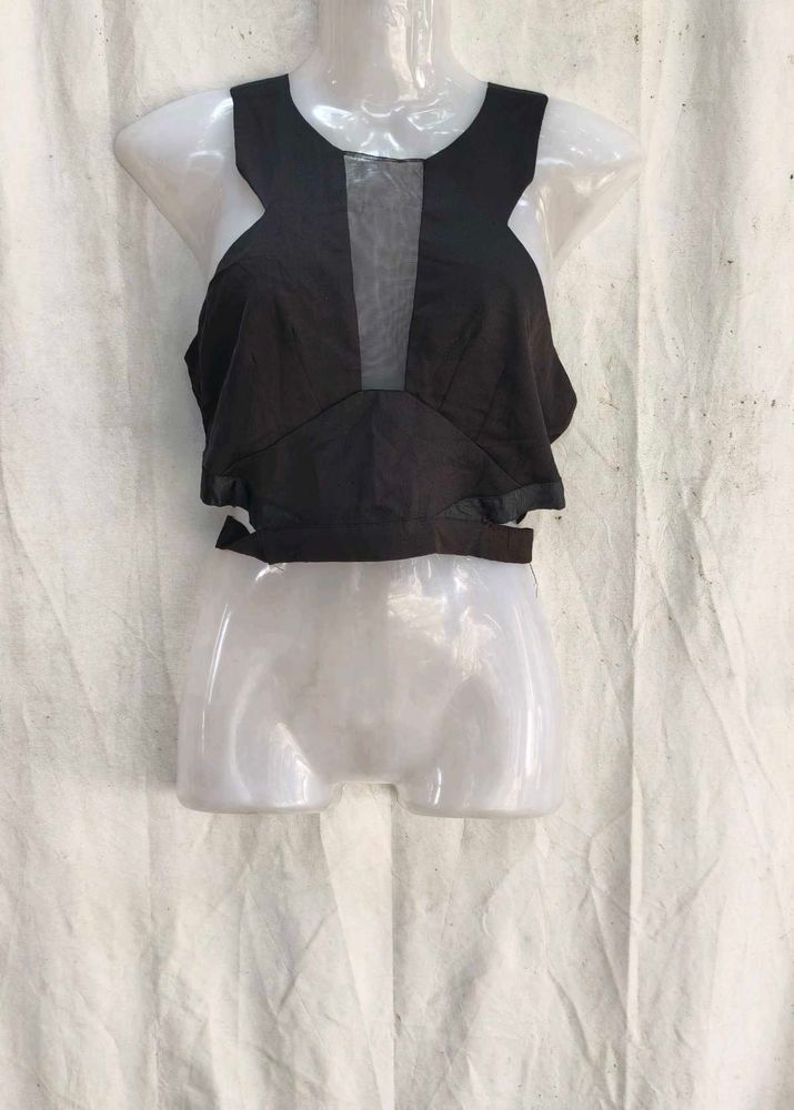 51209. Chic Black Mesh Detail Crop Top