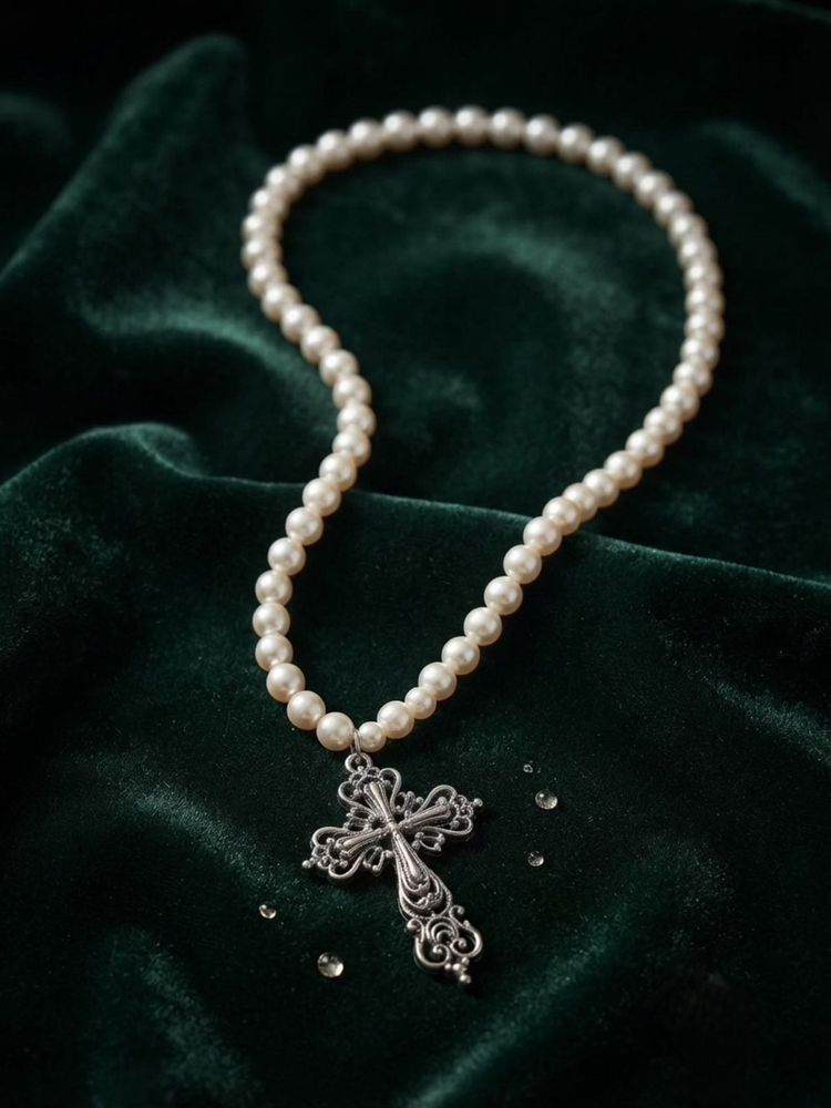 Elegant Pearl Necklace with Cross Pendant